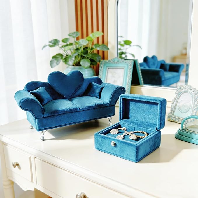 Modern Dollhouse Furniture, 1/6 Scale of Miniature Dollhouse Sofa, Openable Sofa Mini Jewelry Display Storage Box with Mini Mirror for Earrings, Necklaces, Bracelets (Blue Velvet)