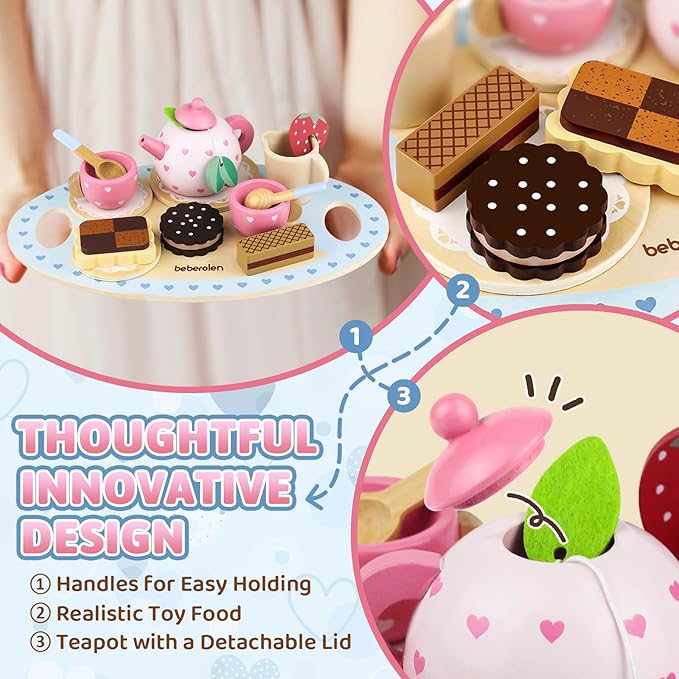 Wooden Tea Set for Little Girls Birthday Gift 3-4 Year Old Princess Toys Play Food Sets for Kids Kitchen Accessories Toddlers 3-5 Outdoor Party Pretend Food Dessert Cookies Wood Toy