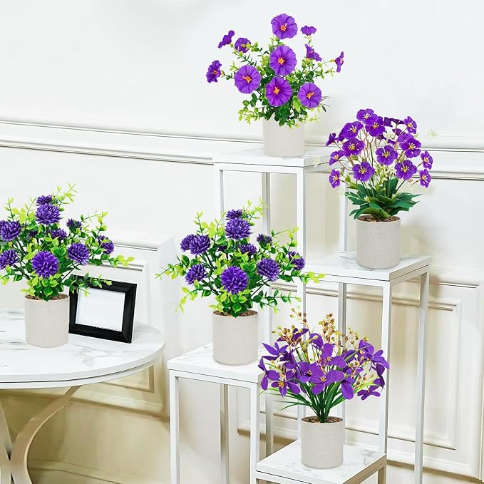 Luiywan 4 Packs Small Fake Plants Mini Artificial Potted Flowers Plastic Small Faux Potted Plants Indoor for Home Room Office Shelves Spring Decor, Purple