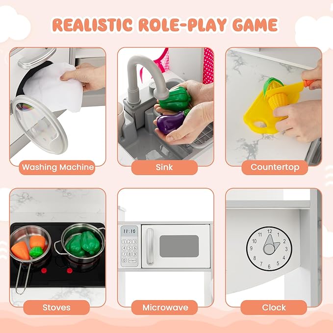 INFANS Corner Kids Kitchen Playset, Toddler Wooden Pretend Cooking Set with Real Running Water Circulation Realistic Light Sound Stove Storage Cabinet Removable Sink Simulation Play Kitchen Toy