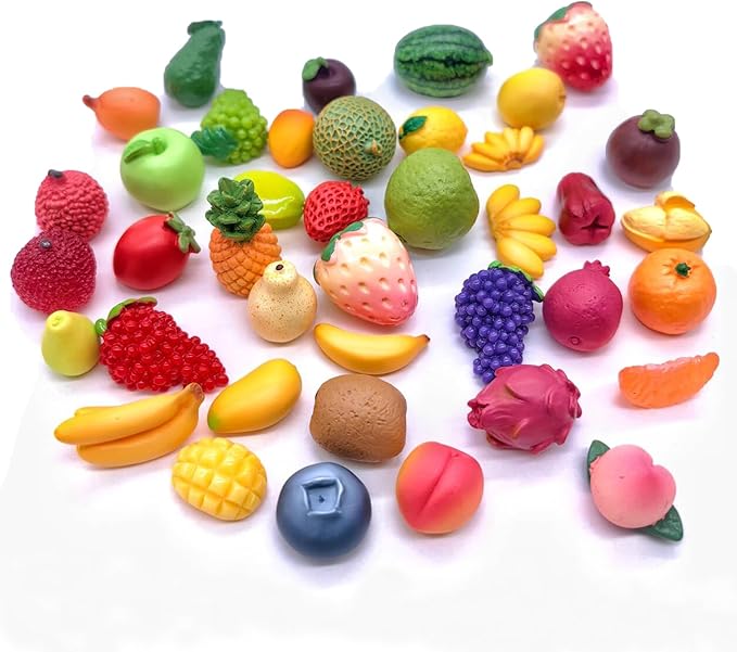 40Pcs Mini Resin Fruit, Miniature Fruits Figures, Fake Pineapple Strawberry Banana Lemon Peach Fruit Decorations for Mini Home Kitchen, Garden, Holiday Decoration, Cake Decoration