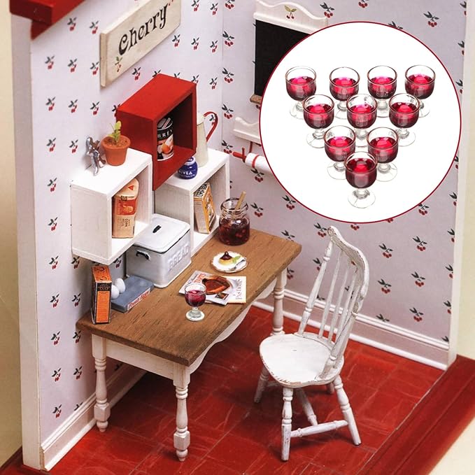 NUOBESTY 10Pcs Miniature Wine Glasses for 1/12 Dollhouse Accessories Small Red Glass Ornaments Kitchen Garden D Cor