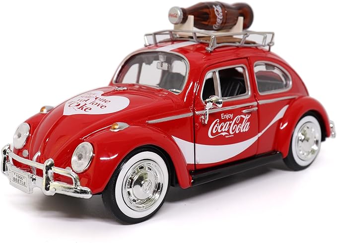 Motor city classics Coca-Cola Diecast Collectible | 1966 VW Beetle with Bottle on Top Rack | 1:24 Diecast Scale Model 424066 | Officially Licensed Coca-Cola Diecast