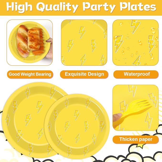 96PCS Lightning Bolt Birthday Party Decorations Lightning Paper Plates Napkins Yellow Cartoon Tableware Flash Weather Dinnerware Supplies for Birthday Baby Shower Wedding Party Favors Serve 24 Guests