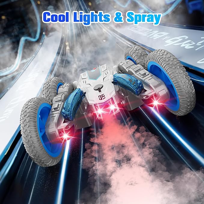 BAIWU Remote Control Car for Boys, Double Sided Drive,360° Rotation of Rc Cars Spray Features and Spins Have Special Lighting Rc Car,4WD RC, Toy for Boys Ages 4-10 Gift