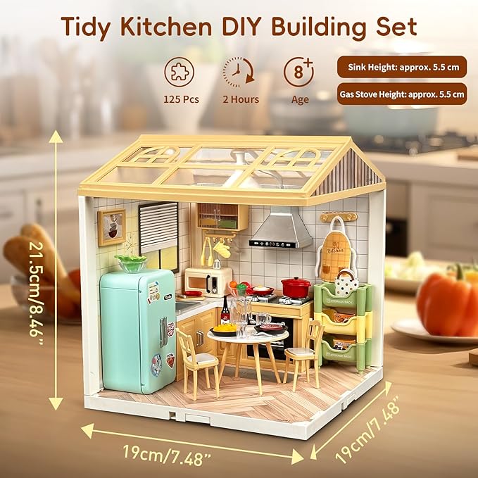 Hallisun LED Building Blocks for Adults, 1:24 DIY Miniature Dollhouse Kits with Roof & Dustproof Cover, Tiny House Toy Building Sets for Kids Ages 8-12-15, Birthday Hobbies Gift for Men Women Boy Girl