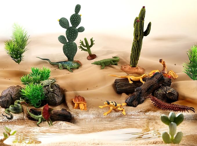 32Pcs Desert Reptiles Animals Figures Toys Resin Diorama Lizard Snake Cactus Trees Rock Playset for Kids Toddlers Cake Decoration Birthday Halloween Party Favor School Projects
