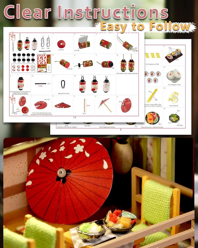 OurMiao Miniature House Kit – Gibbon Sushi, DIY Wooden Dollhouse for Adults with LED & Furniture, Tiny House Craft Gift for Teens Families Friends