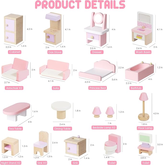 Wooden Dollhouse Furniture Set, 22 PCS Doll House Accessories Including 5 Room Kits, Little People House Furniture Toy Gift for Girls Boys Age 3+, Miniature Dollhouse Furnishing
