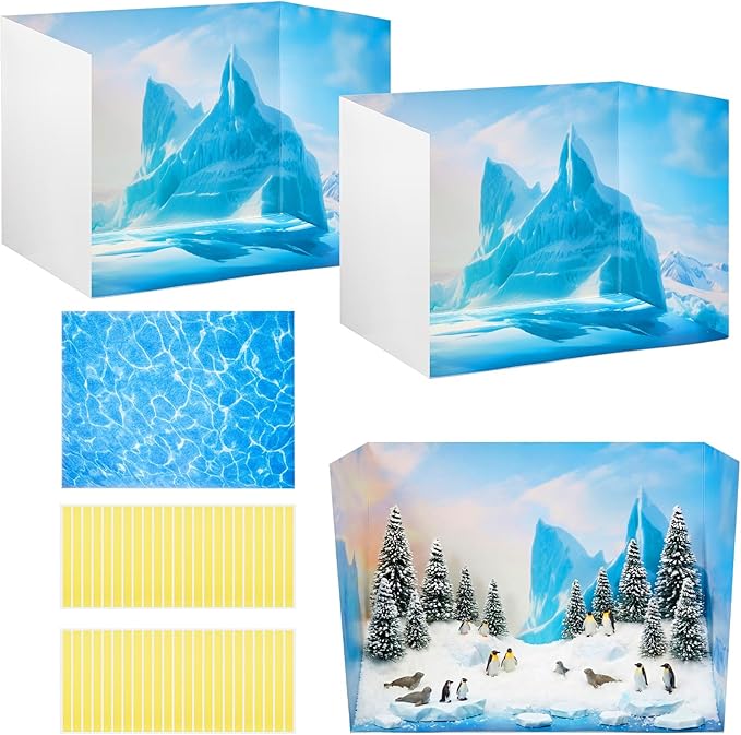 2 Set Arctic Style Habitat Diorama Box and Water Sticker Decor, Diorama Project Supplies Set, Cardboard Display Case Kit & Water Sticker with Double Sided Tapes for DIY Crafts Dollhouse