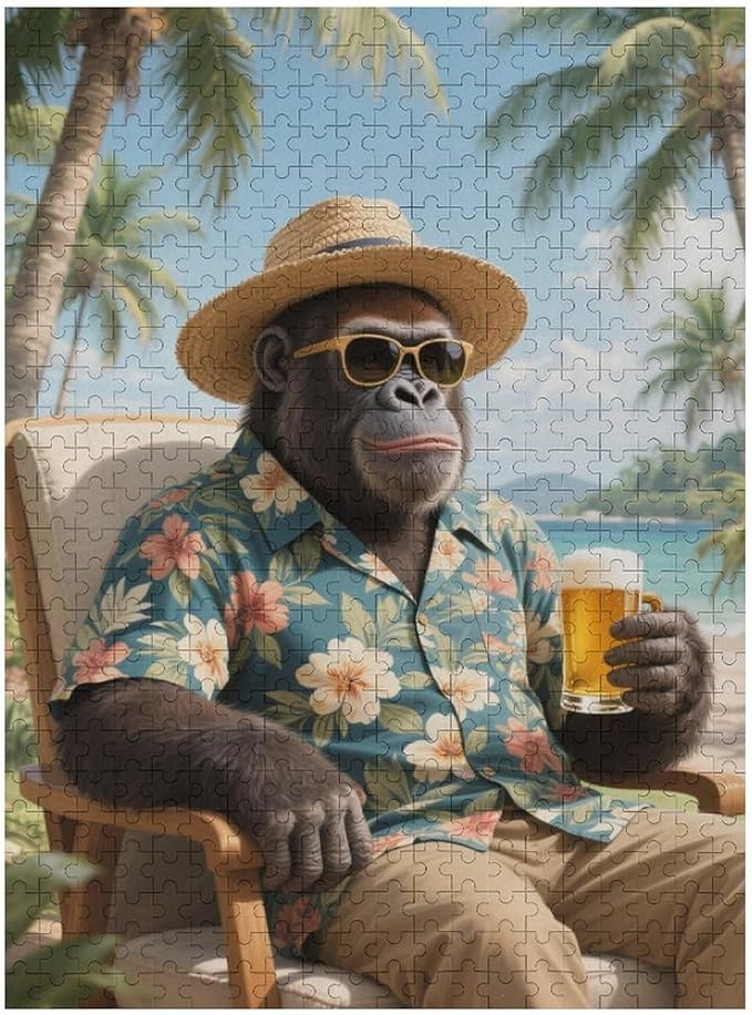 Summer Gorilla – 500 Piece Creative Animal Wooden Jigsaw Puzzle, Summer Gorilla Illustration, Brain Challenge, Relaxing Hobby, Family Entertainment