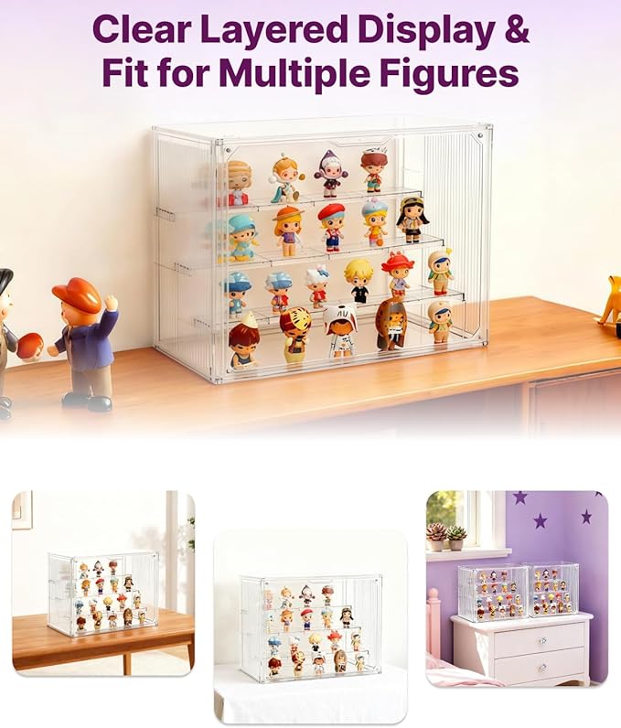 4-Tier Clear Acrylic Display Case for Funko Pop, Labubu, Disney Stitch, SKULLPANDA, Crybaby, DIMOO, Twinkle Twinkle, Sonny Angel, Tiny Tan, Barbie & Mini Collectibles, Dustproof Stackable Showcase