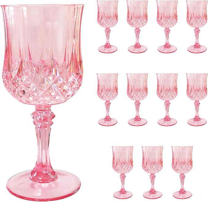 Veiuwa 12 PCS Pink Plastic Wine Glasses,Reusable Plastic Wine Glasses,Pink Goblet Glass,Durable and Sturdy Cups Can Be Used for Various Parties Such as Weddings!