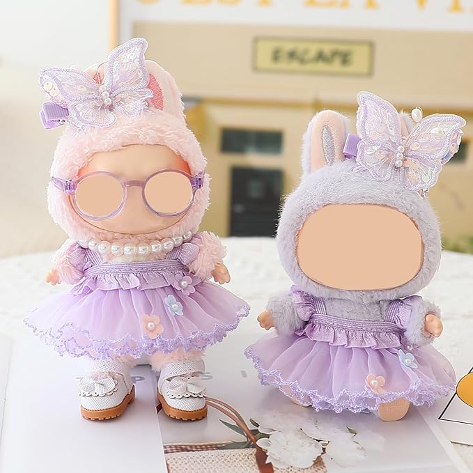 HLIAZJM Clothes for Labubu Doll, 5 Pieces Butterfly Tulle Skirt Purple Outfit Set, Suitable for 15cm & 17cm Dolls