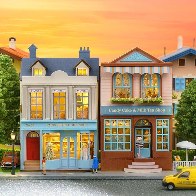 DIY Miniature House Kit, CUTEROOM Wooden Dollhouse Kit Mini House Making Kit with Furnitures, DIY Dollhouse Kit Birthday Gift for Women (Gift Shop)