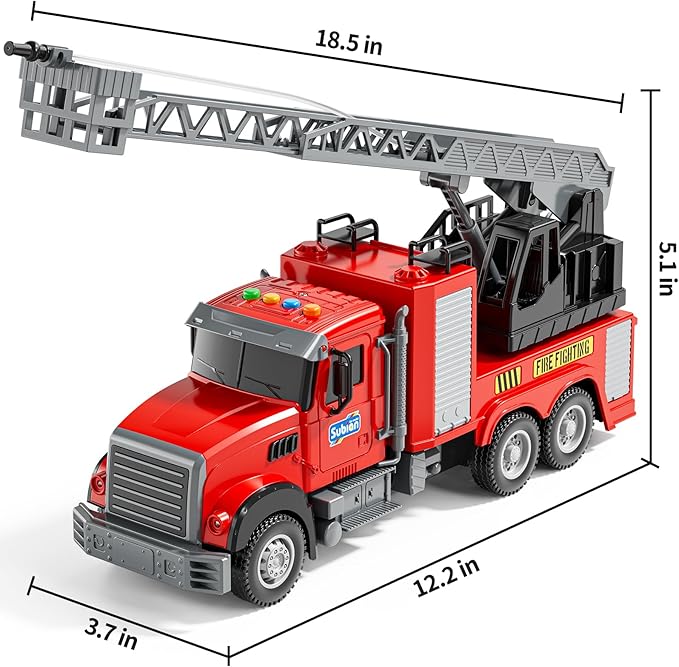 Kids Fire Truck Toy Friction Powered Fire Rescue Truck Vehicle Toy with Lights and Sirens Sounds, Water Pump, Ladder, Gifts for 3 4 5 6 7 8 Years Old Boys Girls