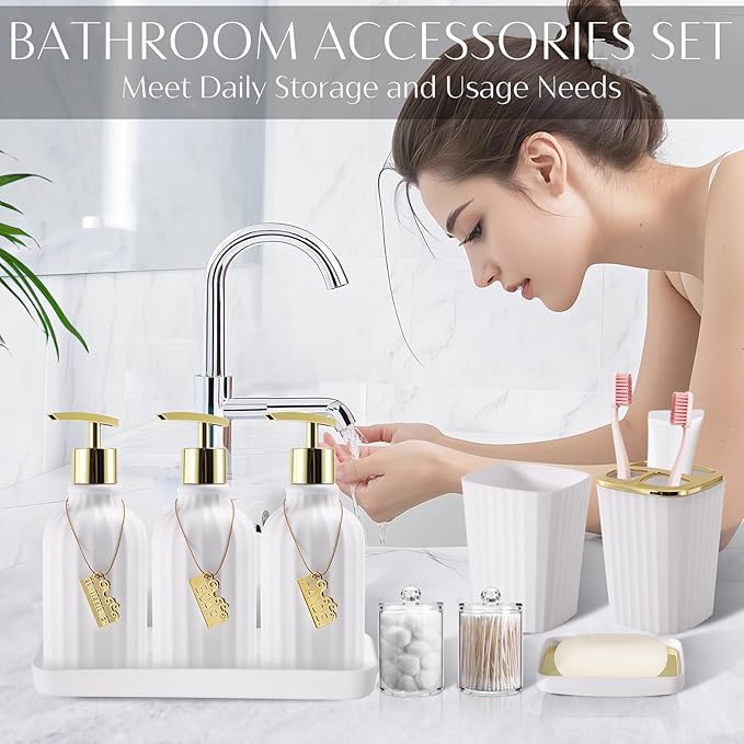 WSBArt 17PCS Bathroom Accessory Set Bathroom Set Gold Bathroom Accessories,Toilet Brush, Trash Can, Qtip Holder Dispenser& 3PCS Soap Dispenser