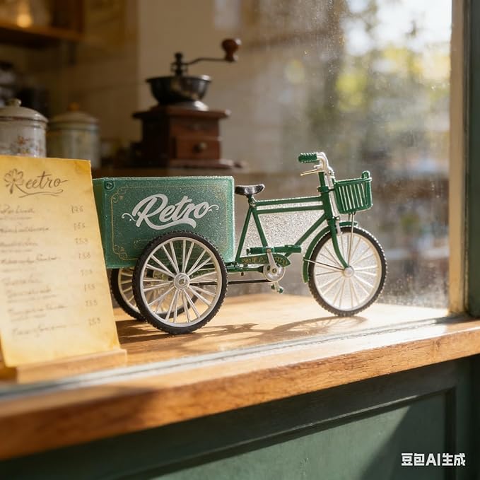 LOGOFUN Mini Tricycle Dollhouse 1:12 Miniature Vintage Vehicle Model Tiny Metal Tricycle Ornament for Micro Scene Outdoor Accessories - Green