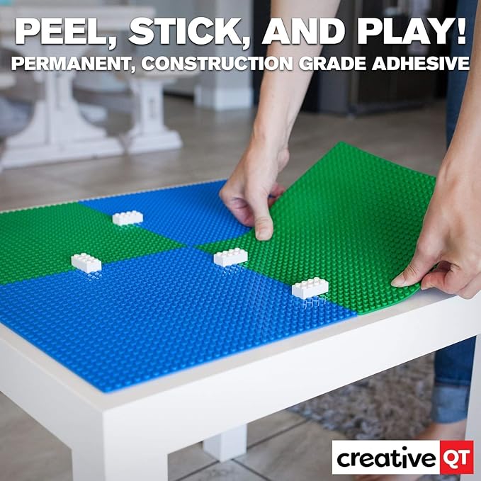 Creative QT Peel & Stick Blocks Base Plate - 10 x 10 in, 4-Pack, Blue & Green - Stackable Building Toy for Play Tables & Wall Panels - Adhesive Baseplate Compatible with Lego & Other Major Brands