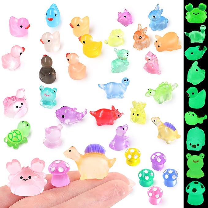 100PCS Mini Resin Animals Tiny Cute Figurines Glow in Dark, Miniature Figures to Hide, Little Animal Small Accessories for Topper Desk Garden Dollhouse Landscape Aquarium Ornaments Crafts & Decor