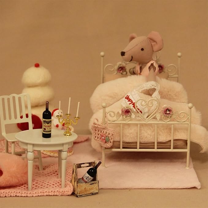 1:12 Dollhouse Furniture Bed, 1 Set Miniature White Hand Floral Engravings Iron Bed with Removable Bedding and Pillow, Miniature Furniture Gift for Dollhouse Lovers and Collectors