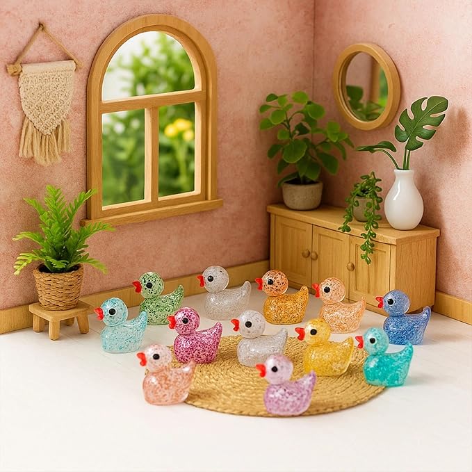 240pcs Mini Glitter Ducks Colorful Tiny Small Little Resin Duck for Dollhouse Fairy Garden Landscape Fish Tank Aquarium Decorations Animals Figures to Hide Miniature Cute Micro Prank Accessories
