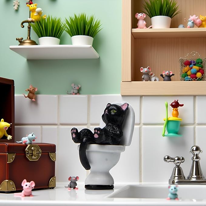 aoukoslt Black Cat Toilet Figurine - Garden Ornament, Desktop Decor and Landscaping Accessories (2.5" Mini Statue)