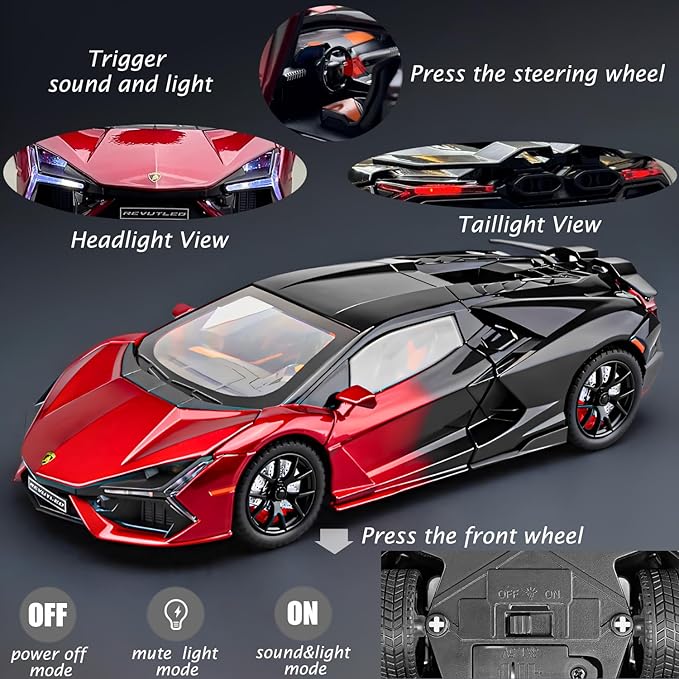 Alloy Collectible 1/24 Lambo Revuelto Toy Pull Back Vehicles Diecast Cars Model with Light & Sound (Red/Black)