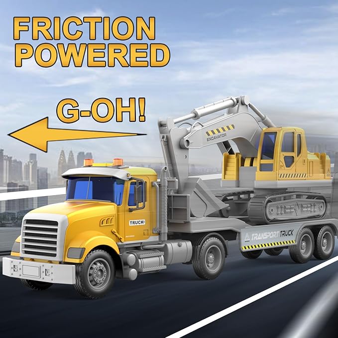 Transports Trucks Kids Toys, 22" Large Semi Truck Toy Carrier and Excavator Truck with Sound&Light,Friction Powered Cars Toys Birthday for Childs-Yellow