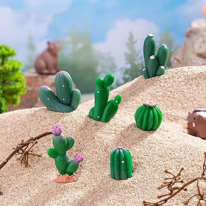 JARPSIRY 12 Pcs Mini Resin Cactus Miniature Figurines, Cute Small Cactus Figures Cake Topper, DIY Micro Landscape Desert Decor Home Fairy Garden Plant Pots Bonsai Crafts
