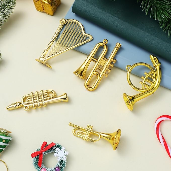 BESPORTBLE 14pcs Mini Musical Instrument Ornaments, Miniature Golden Trumpet Saxophone Harp Model Set for Christmas Tree Decor, Tiny Acrylic Instruments for DIY Crafts Dollhouse