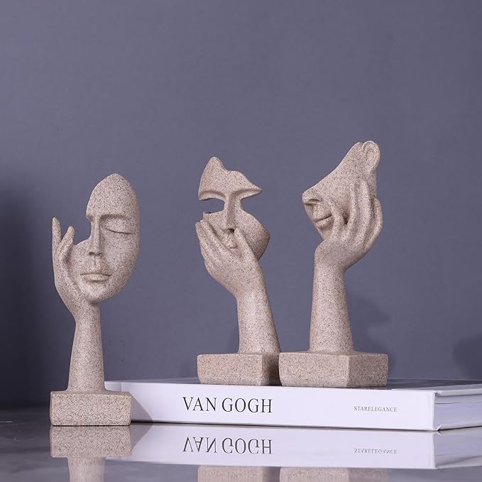 oliruim 3 Pcs Thinker Small Statue Set - Art Resin Abstract Home Accent Figurines for Decor Woman Apartment Bookshelf Floating Shelf Coffee Table Office Desk Counter Decor (3 Pcs Sandstone, 6")