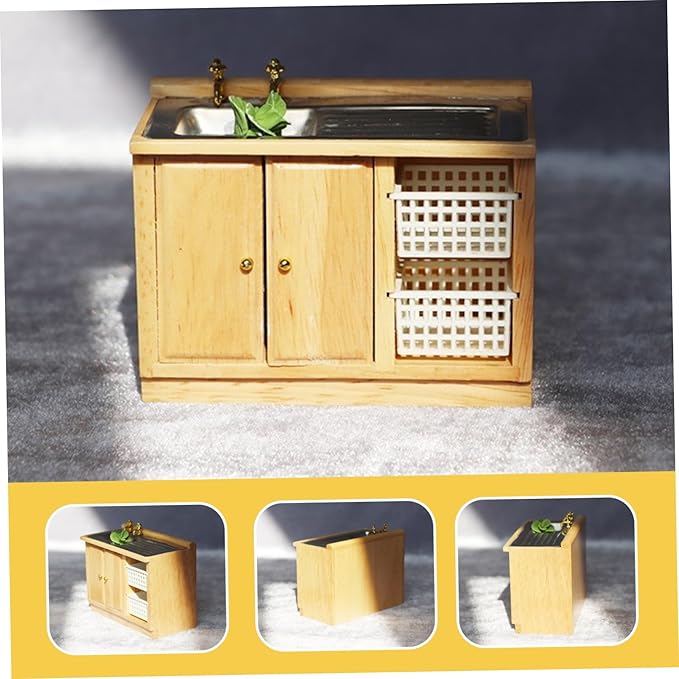 Dollhouse Furniture, 1/12 Wooden Dollhouse Bathroom Set, Sink with Cabinet, Countertop Realistic Miniature Furniture DIY Accessories