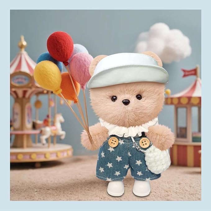 Clothes for 6.7inch /17cm Dolls (Without Dolls) ,Sets and Accessories,6pc Set（Overalls + hat + Bow + Vintage Collar + Bag + Shoes）(Star Overalls)