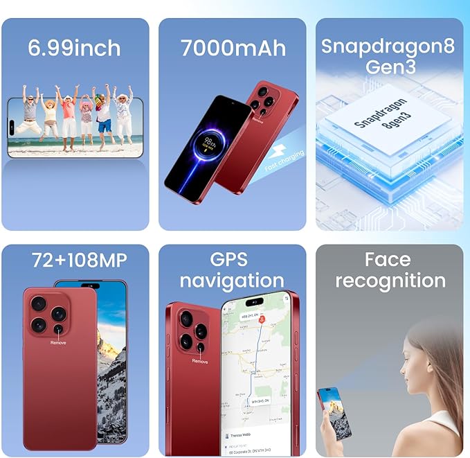 Huness I16PROMAX 16+1TB Smartphone Unlocked Cell Phone,6.99" HD Screen Unlocked Phones,Battery 7000mAh Android 14,Face ID/Fingerprint Button unlock/Photos/5G/Dual SIM/GPS (Wine Red, 16+1TB)