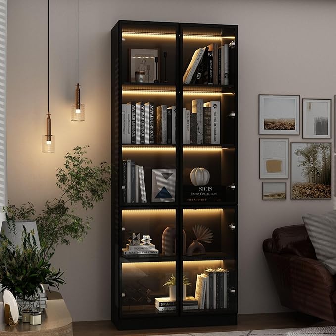 FAMAPY Display Cabinet with 4 Glass Doors and Lights, 5-Tier Storage Shelves, Pop-up Design, Trophy Case Display Cabinet for Collectibles, Black (31.5”W x 14.2”D x 78.7”H)