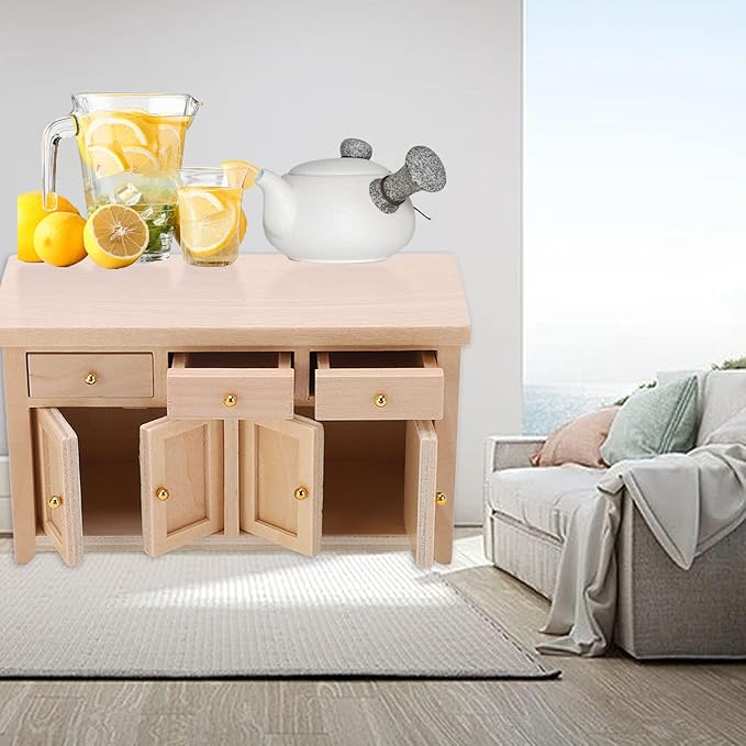 Dollhouse Cabinet 1:12 Scale, Wooden Dollhouse Furniture Living Room Miniature Birch Dollhouse Storage Cabinet Doll House Furniture Toys for Dollhouse Kitchen (Wood)