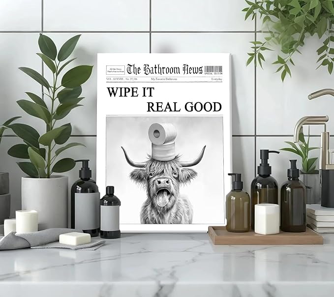 VPUQWGKE Black White Highland Cow Bathroom Canvas Wall Art Funny Highland Cow Toilet Paper On Head Picture Painting Bathroom Animals Print Wall Decor Farmhouse Decoration 12x16in Can Be Hung Directly