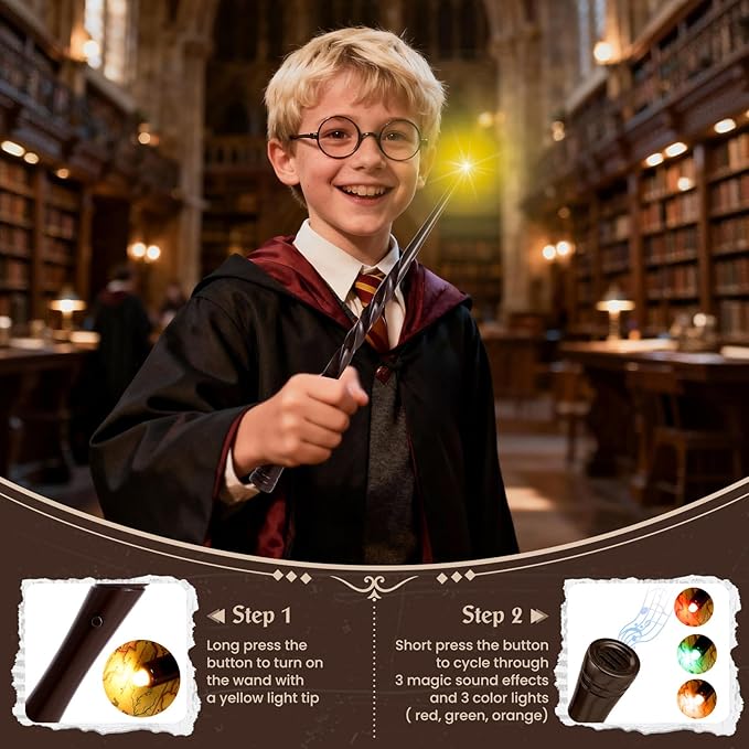 KingGlee Light Up Wizard Magic Wand Set with Sounds & 4 Light Modes – Illuminating Witch Wands for Kids Cosplay Birthday Gift, 2PCS, Brown & Golden