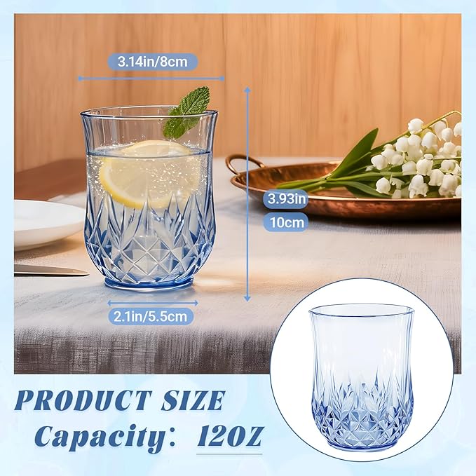 LEYIQU Stemless Wine Glasses, Plastic Reusable Cups Vintage Drinking Glasses Tumblers, Valentine’s Day Gifts for Couples, for Whisky, Beer, Juice, Beverages, Cocktai (40, 12oz-Blue)