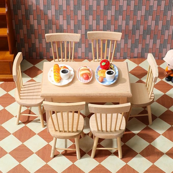 1 Set Doll Furniture Miniature Furniture Decorative 1/12 Scale Miniature Table Chair Set for Dollhouse Kitchen Food Decoration Accessories (As Shown B)