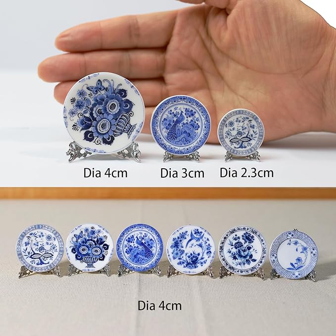 6PCS Handcrafted Miniature Ceramic Plates in 1:12 or 1:6 Scale, Vintage Porcelain Playhouse Dishes (Blue-White A, 4CM)