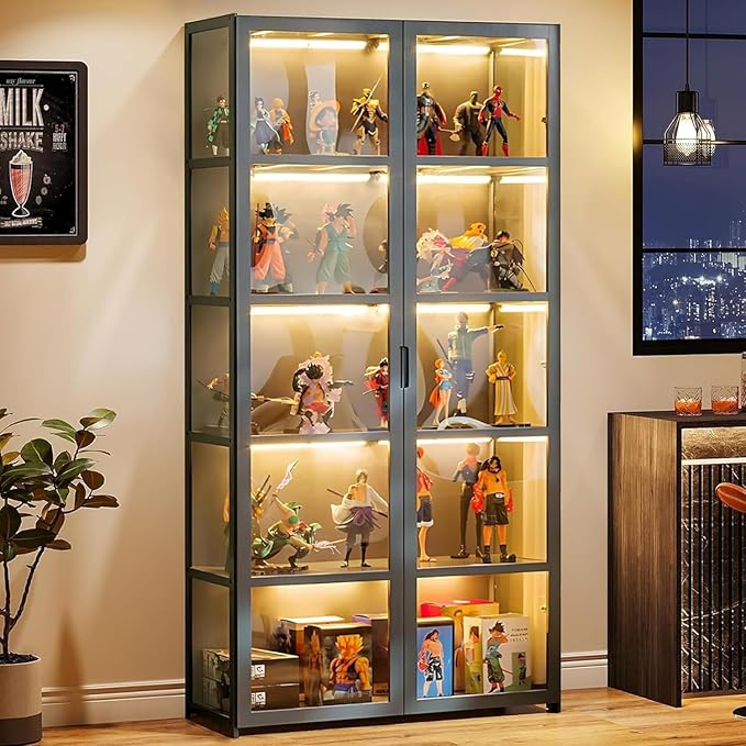 Display Cabinet with Acrylic Doors, 5-Tier Bamboo Curio Display Case for Figures - Display Shelves for Collectibles & Toy Display Cabinet for Home, Office, Playroom, Living Room