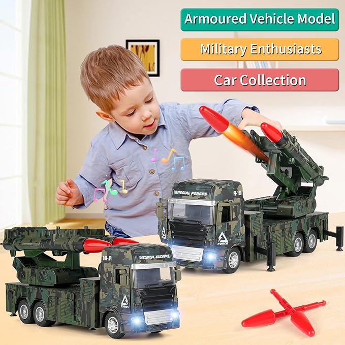 Military Toys for Boys, Army Vehicle Toys with Rotatable Turret, Missile Truck with Light & Sound, Pull Back Army Truck Gift for 3 4 5 6 7 8 Year Old Boys