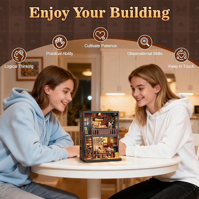 Hallisun DIY Miniature House Kit, Mini 3D Wooden Bear Restaurant Building Kit with Furniture and LED, Tiny Diorama Dollhouse Model Set, Handmade House Craft Birthday for Adults Teens