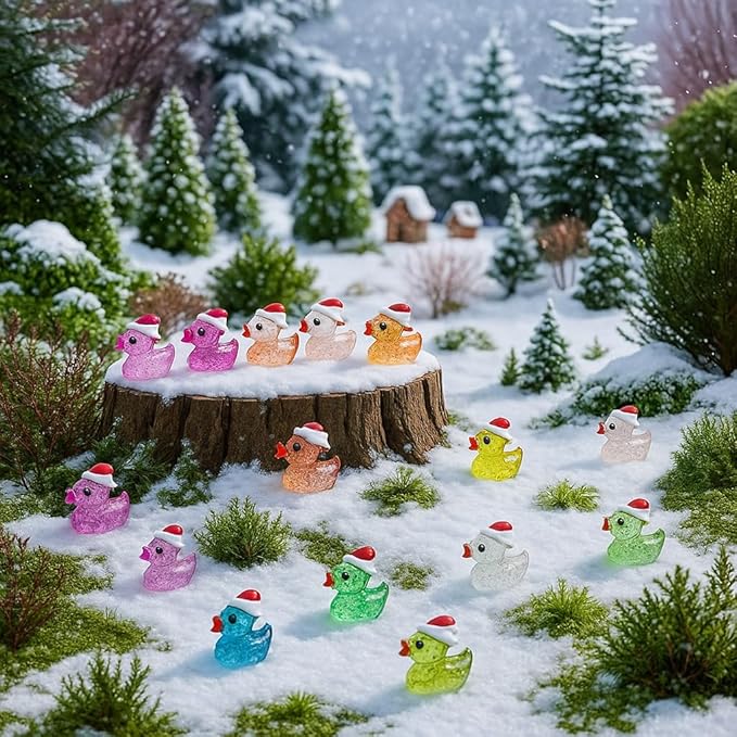 160pcs Luminous Mini Dollhouse Glitter Ducks Colorful Christmas Tiny Resin Ducks Plastic Animal Figures to Hide and Seek for Fairy Garden Landscape Aquarium Decorations Potted Plants Festive Decor