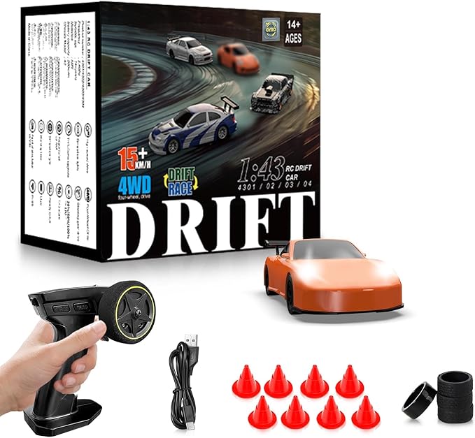 RC Drift car, 1/43 Mini Rc Drift car with Gyroscope, 2.4GHz Full Proportional Remote control Cars, 4WD High Speed Racing with Lights, Racing Tires, Model Cars Gift for Adults, Kids, Boys, Girls