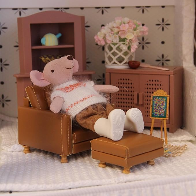 Funky Mini House Miniature Dollhouse Leather Sofa Set, 1:12 Scale Single Couch with Footstool & Pillow for Living Room Gift for Dollhouse Enthusiasts, Collectors & DIY Craft Lovers (Brown)