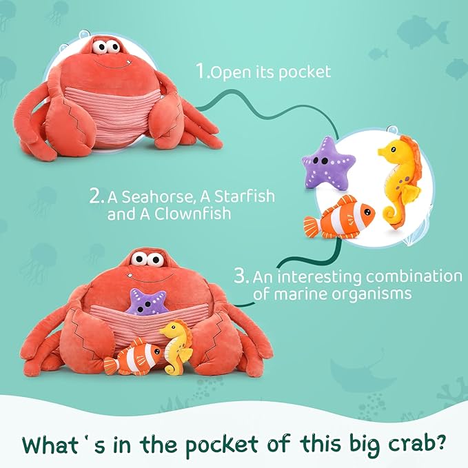 4Pcs Giant Crab Plush Toy Set, 43.3" Weighted Crab Stuffed Animal with 3 Small Cute Stuffed Sea Animal, Seahorse Starfish Clownfish Plushies Gift for Kids, Under The Ocean Party Favor, Red