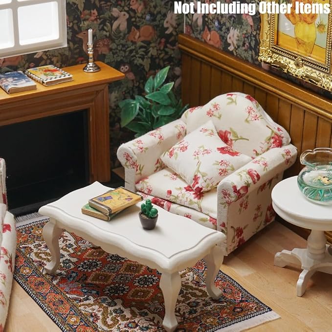 Odoria Dollhouse Armchair Sofa Miniature - 1/12 Scale Accent Chair for Vintage Country Living Room - Mini Club Lounge Chair Wood Furniture Upholstered Floral Red